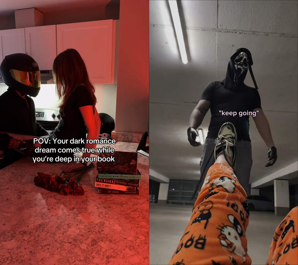 Image de&nbsp;: Deux publications TikTok avec respectivement 500k et 2 millions de likes&nbsp;; dans la seconde, une fille enlevée chasse son petit ami venu la secourir et encourage son ravisseur -- de l'humour assurément, cependant l'attitude de certaines lectrices peut nous en faire douter.
